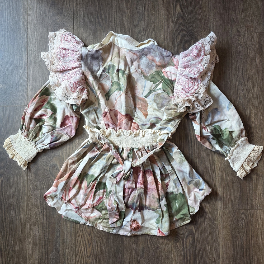 Floral Lace Puff-Sleeve Girls' Shirt - Pink & Cream - Picture 6 of 6